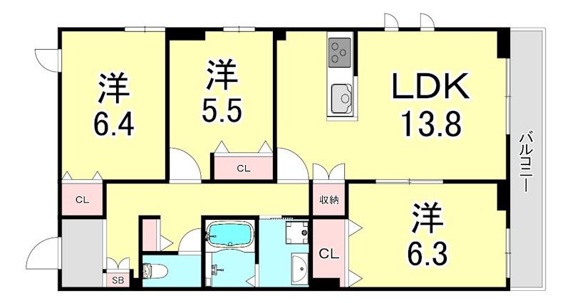 エフティー西宮北口 A棟(3LDK/3階)の間取り写真