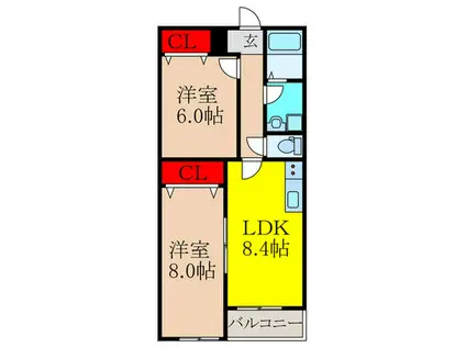 クレセル利倉東I(2LDK/3階)の間取り写真
