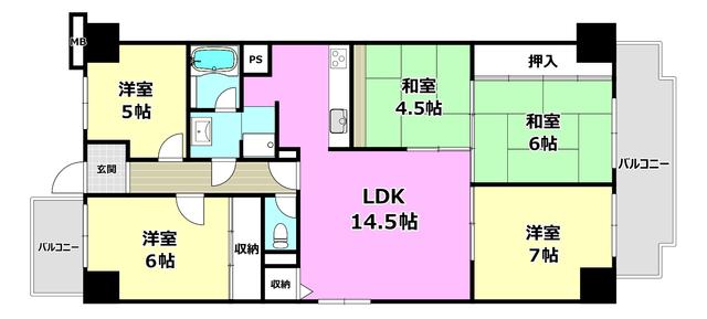 朝日プラザ千里北 C棟(5LDK/6階)の間取り写真