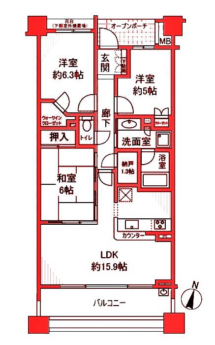 プラウド横浜鶴見市場(3LDK/6階)の間取り写真
