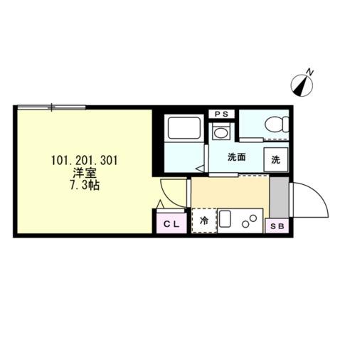 ベイルーム十日市場(1K/3階)の間取り写真