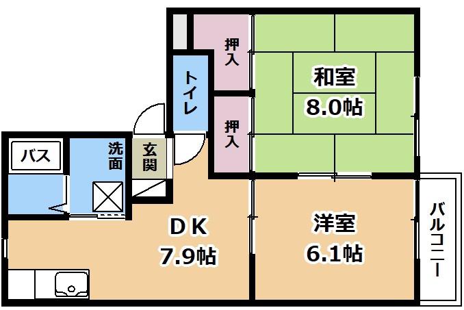 ジュネス山本 B棟(2DK/1階)の間取り写真