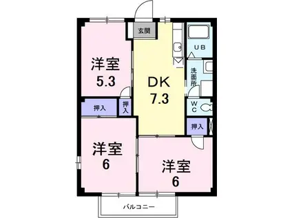 クイーンズタウン元町 棟(3DK/1階)の間取り写真