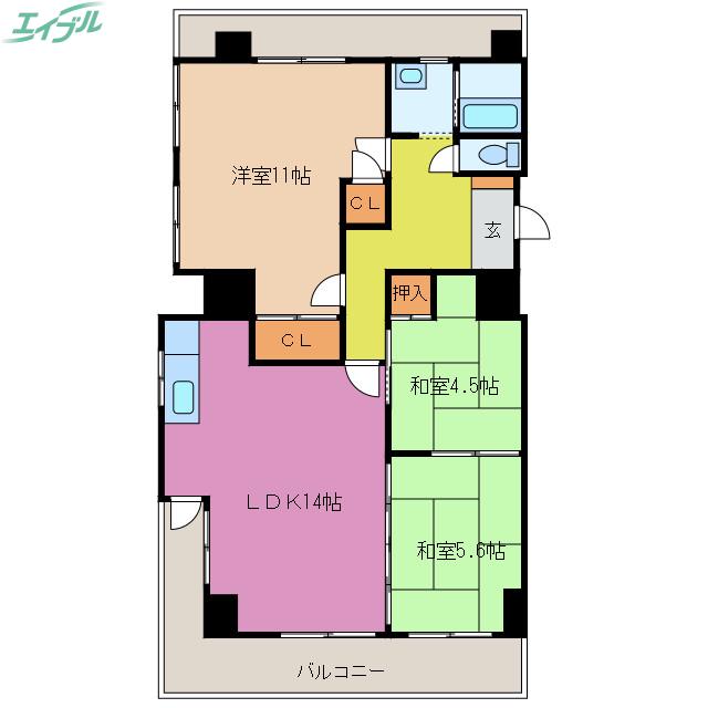 北浜田マンション B棟(3LDK/5階)の間取り写真