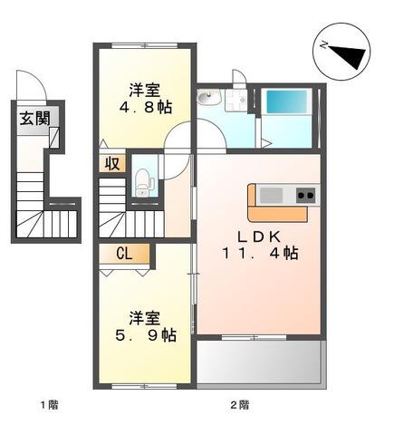 フォンターナ(2LDK/2階)の間取り写真