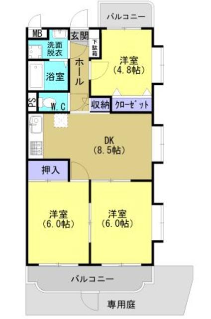 ツインポート吉野A棟(3DK/1階)の間取り写真