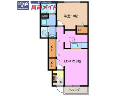 花メゾンC棟(1LDK/1階)の間取り写真