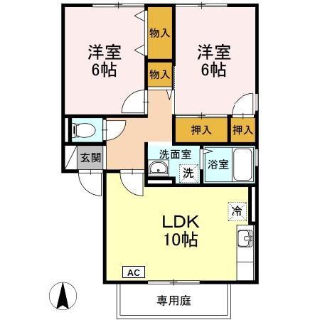 ロイヤルガーデン仲沖D(2LDK/1階)の間取り写真