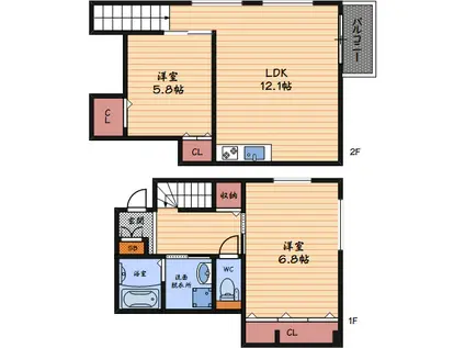 JR東海道本線 JR総持寺駅 徒歩30分 2階建 築22年(2LDK/1階)の間取り写真