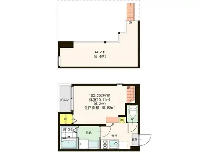 ハーモニーテラス板付II(1K/2階)の間取り写真