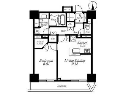 四谷三丁目 タワーマンション 高層階(1LDK/22階)の間取り写真