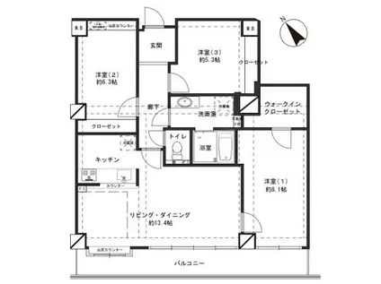 サバービアシティB棟(3LDK/2階)の間取り写真