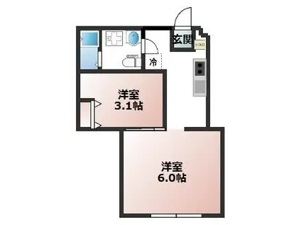 ベルビュー西谷(2K/1階)の間取り写真