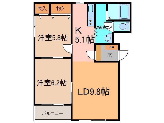ピュアライフ宝来 IIII(2LDK/2階)の間取り写真