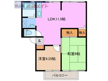 ロイヤルヒルズ III棟(2LDK/1階)の間取り写真