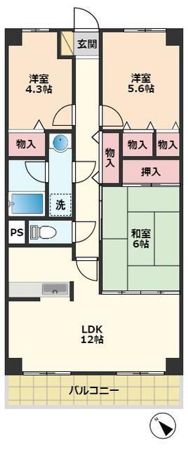 ロイヤルコート寒川(3LDK/1階)の間取り写真