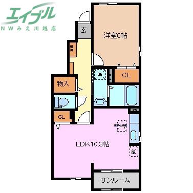 アングルワB(1LDK/1階)の間取り写真