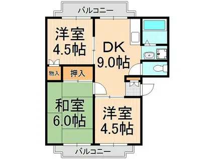 一ツ家ウェーブタウン 7号棟(3DK/3階)の間取り写真