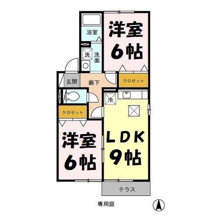 ディアコートB(2LDK/1階)の間取り写真