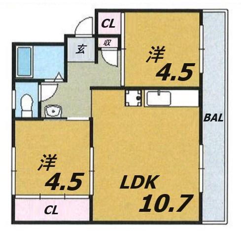 ドミールサニー君影町2号棟(2LDK/3階)の間取り写真