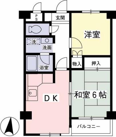 京王むさしのマンション(2DK/6階)の間取り写真