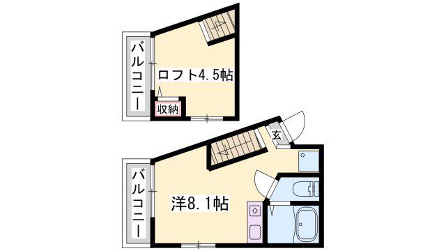 ベルフラワー岡町(1K/2階)の間取り写真