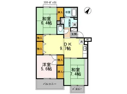 サンライズ星田 B棟(3DK/1階)の間取り写真