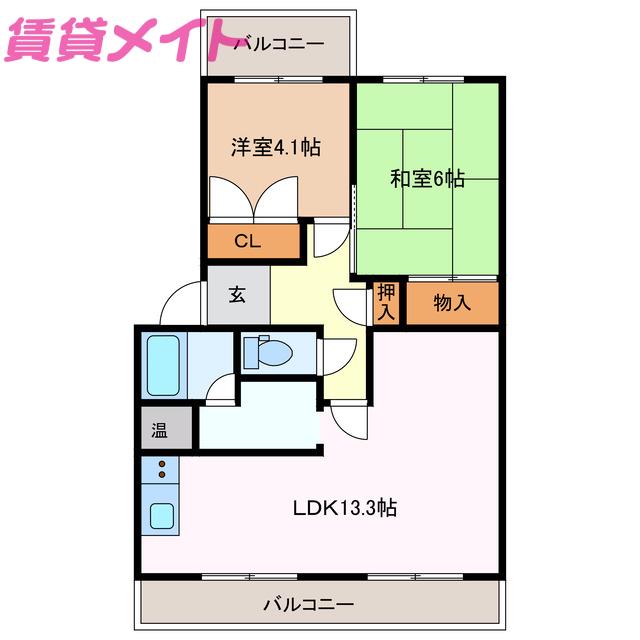 ハイツ弥風(2LDK/3階)の間取り写真