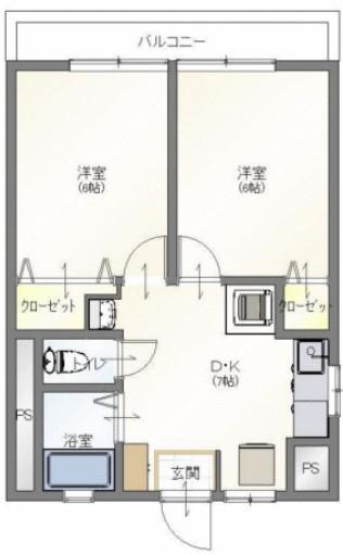三信マンション 手割引 内装中 子供可 常時ゴミ出可(2DK/6階)の間取り写真