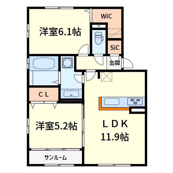 SUNNY HILL上土室A棟(2LDK/2階)の間取り写真