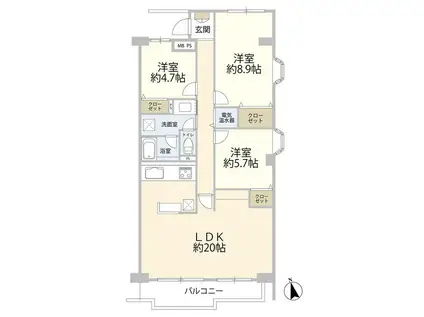 西武拝島ハイツ1号棟(3LDK/7階)の間取り写真