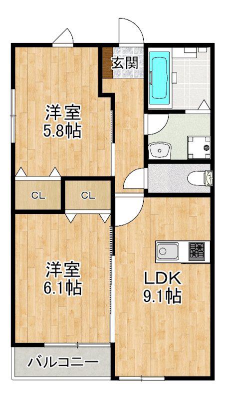 LEAF津福駅南(2LDK/3階)の間取り写真