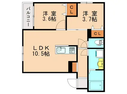 ベルシア箱崎(2LDK/3階)の間取り写真
