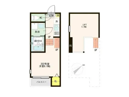 ハーモニーテラス葉山町(1K/2階)の間取り写真