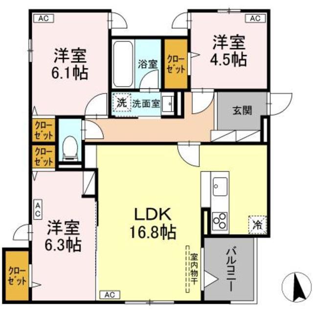 D-ROOM GRASS 中町(3LDK/1階)の間取り写真