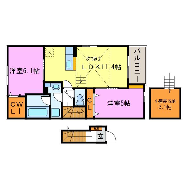 ビアンコシェルこうか I(2LDK/2階)の間取り写真