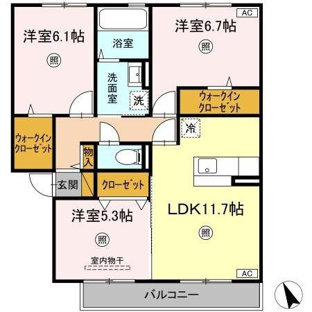 PARK HILLS MIYAKO D(3LDK/2階)の間取り写真