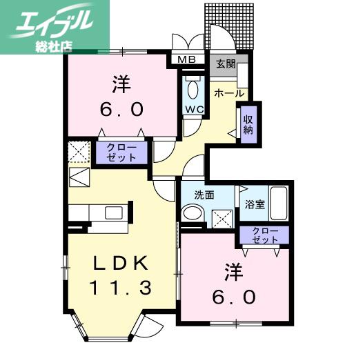 メロウ・グローブC棟(2LDK/1階)の間取り写真