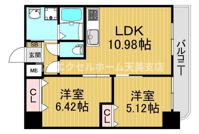 ふぁみーゆ天美南(2LDK/8階)の間取り写真