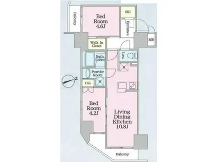 プライムアーバン浅草テラス 旧ルフォンプログレ浅草テラス(2LDK/9階)の間取り写真