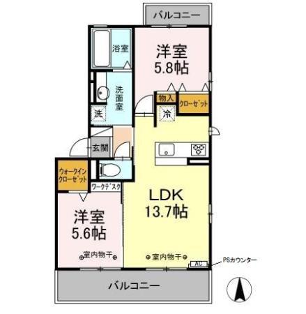 ハピネス田神駅前(2LDK/2階)の間取り写真