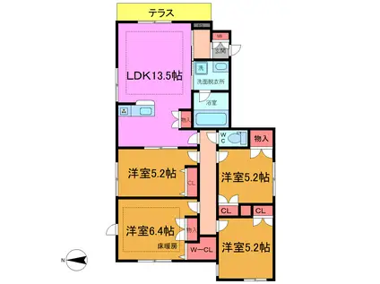 マリンハイツ北棟(4LDK/1階)の間取り写真