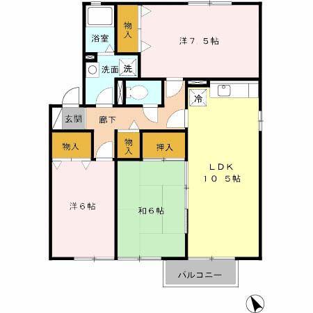 第5グリーンハイツ B棟(3LDK/1階)の間取り写真