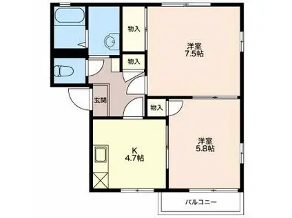 フェリアス天神(2K/1階)の間取り写真