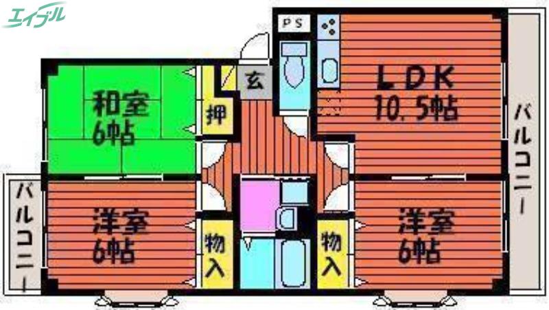セゾン21 B棟(3LDK/2階)の間取り写真