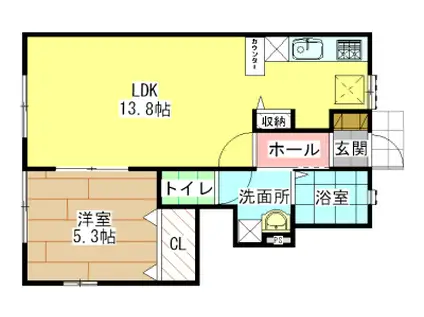 ルネス若園A棟(1LDK/1階)の間取り写真