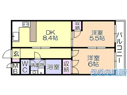 ジョグ六ツ門南(2DK/2階)の間取り写真