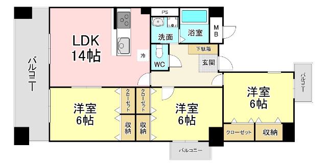 S・E天籟寺マンション(3LDK/8階)の間取り写真