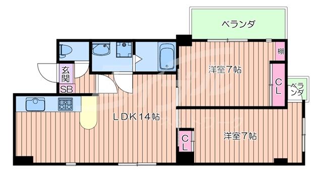 ヒルズ扇町(2LDK/3階)の間取り写真