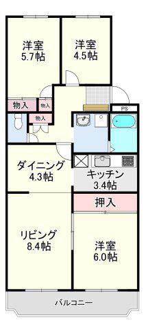 川越グリーンパーク I-2棟(3LDK/4階)の間取り写真